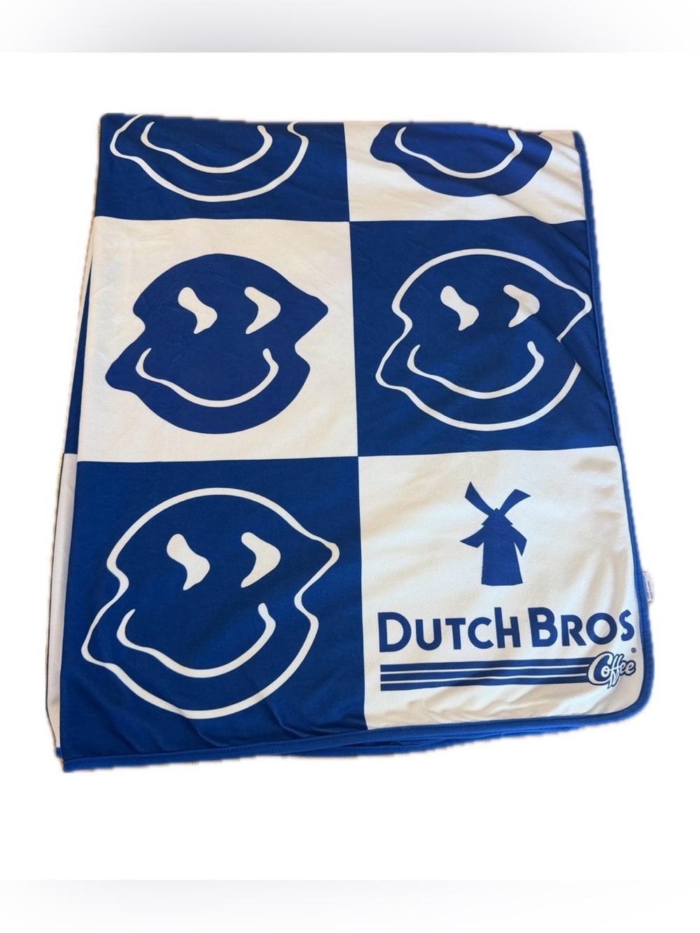 Dutch Bros Blanket Blue White Yellow Reversible Happy Face 48" x 60"